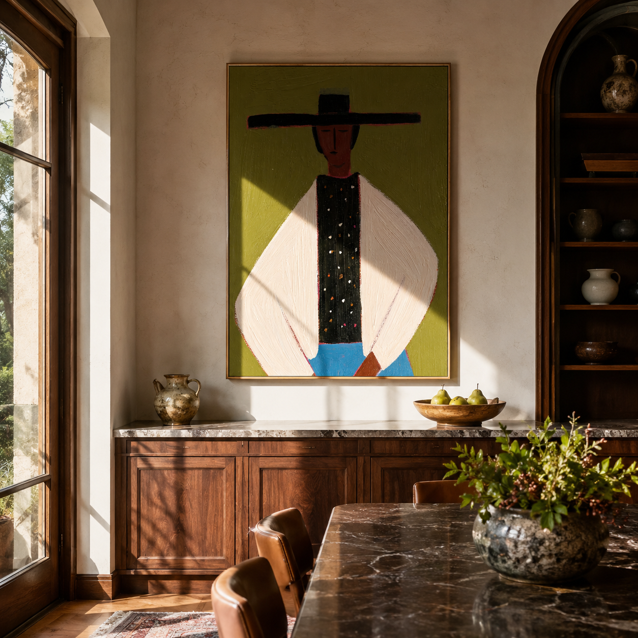 Dotted Vest Holds Olive - minimal hat man painting by Elliot Vale, modern figurative vertical wall art - styled room scene view 1