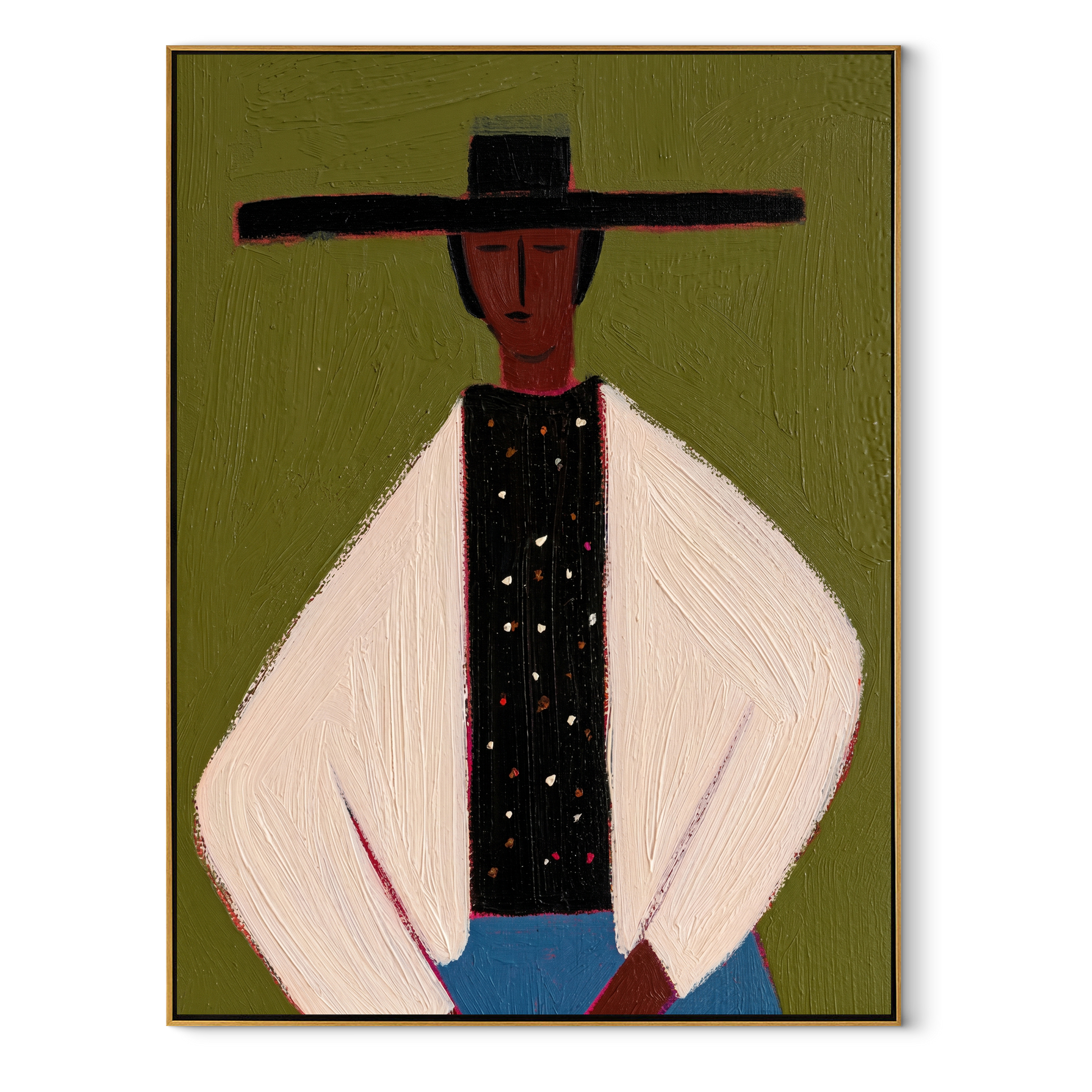 Dotted Vest Holds Olive - minimal hat man painting by Elliot Vale, modern figurative vertical wall art - framed artwork on white background