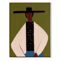 Dotted Vest Holds Olive - minimal hat man painting by Elliot Vale, modern figurative vertical wall art - framed artwork on white background
