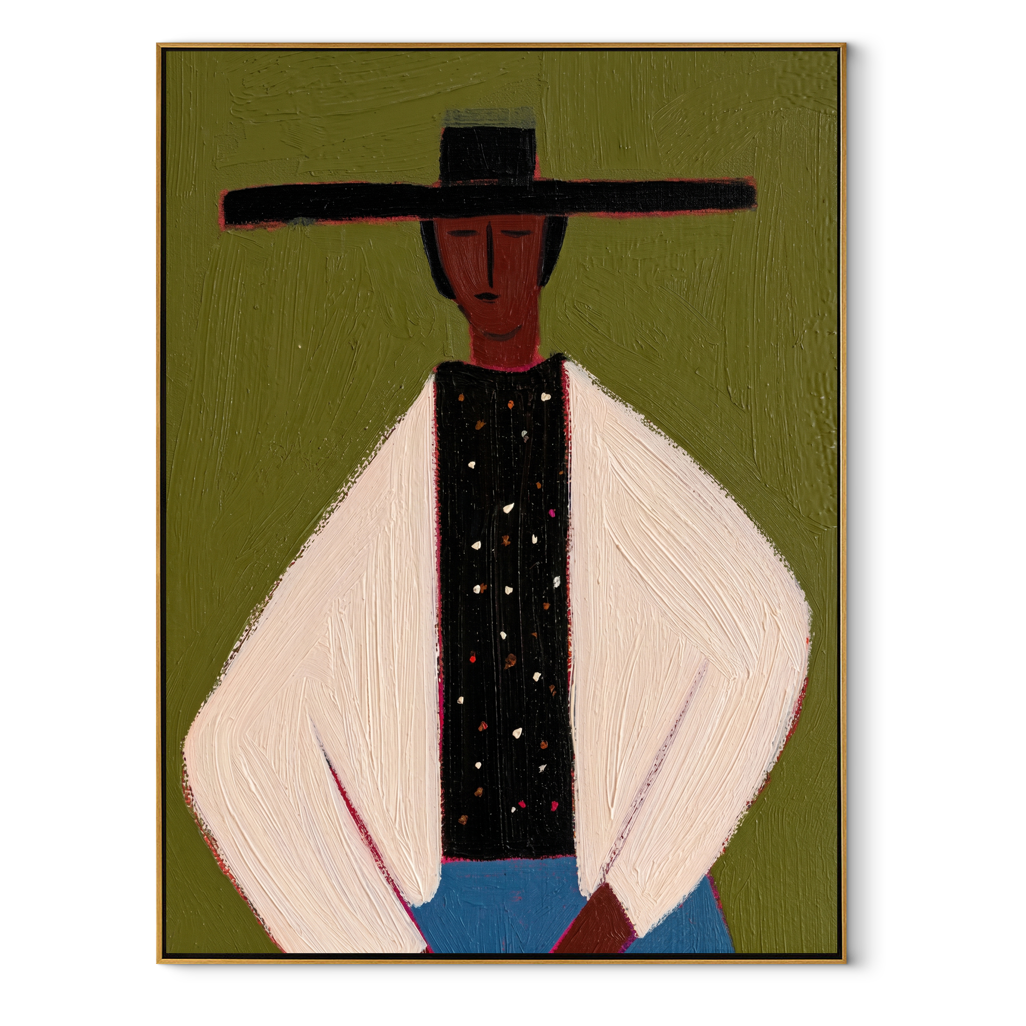Dotted Vest Holds Olive - minimal hat man painting by Elliot Vale, modern figurative vertical wall art - framed artwork on white background
