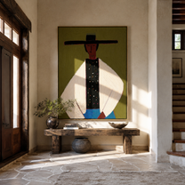 Dotted Vest Holds Olive - minimal hat man painting by Elliot Vale, modern figurative vertical wall art - styled room scene view 2