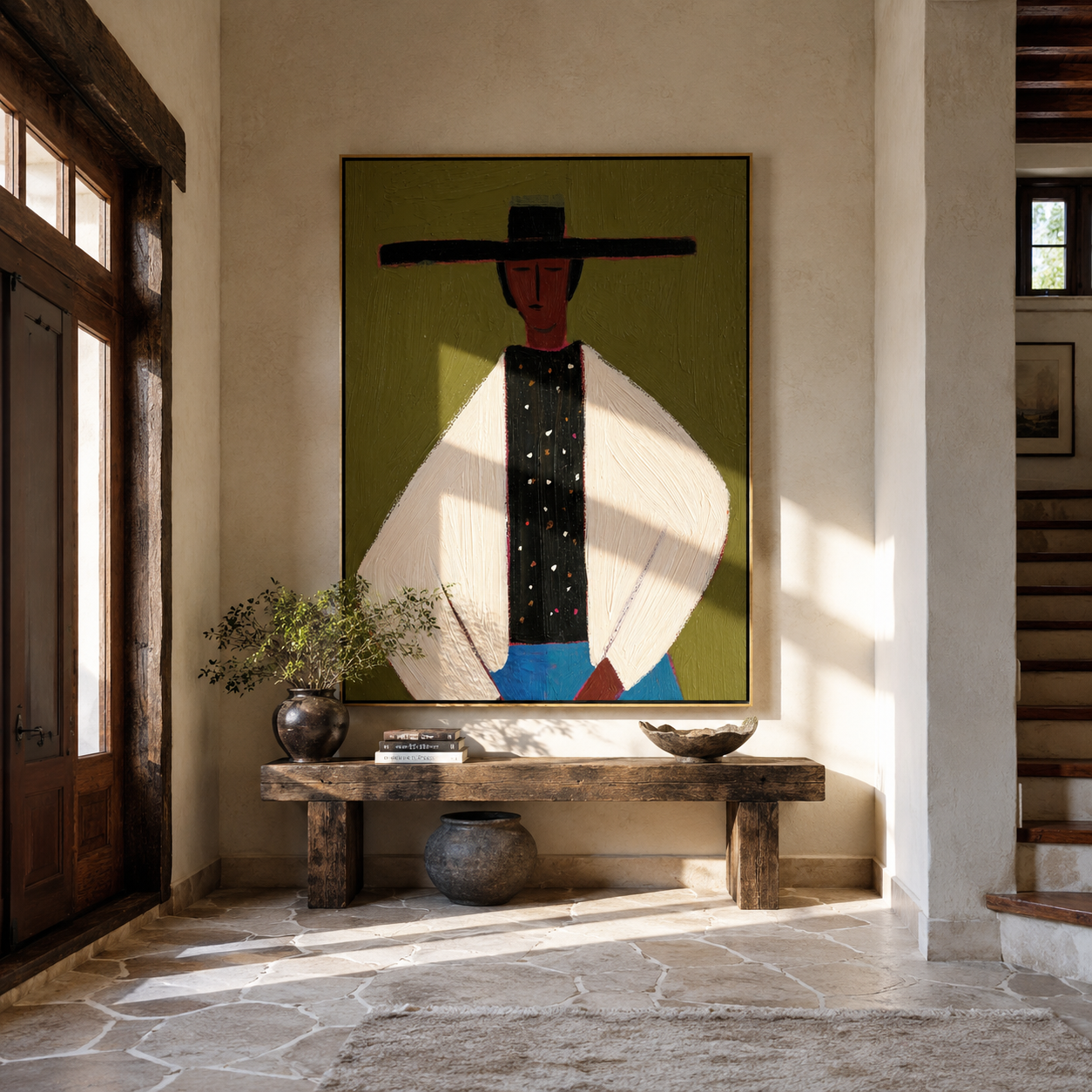 Dotted Vest Holds Olive - minimal hat man painting by Elliot Vale, modern figurative vertical wall art - styled room scene view 2