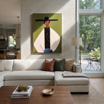 Dotted Vest Holds Olive - minimal hat man painting by Elliot Vale, modern figurative vertical wall art - styled room scene view 3