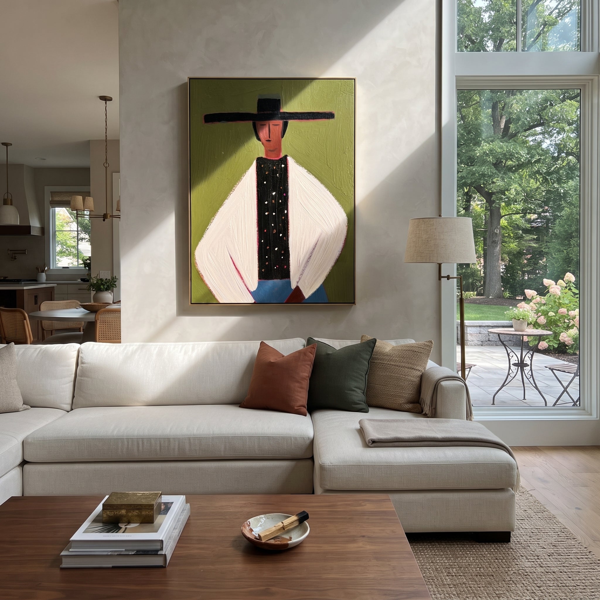 Dotted Vest Holds Olive - minimal hat man painting by Elliot Vale, modern figurative vertical wall art - styled room scene view 3