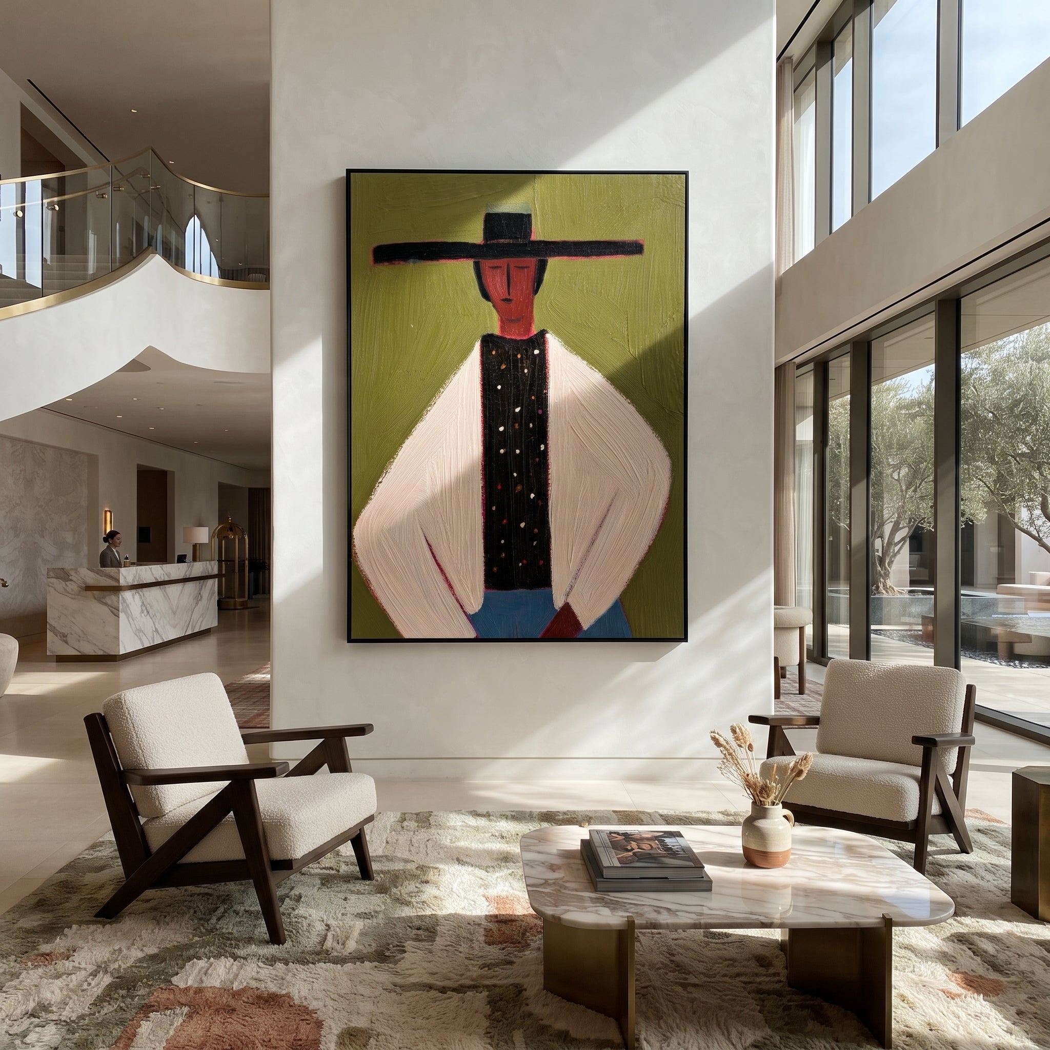 Dotted Vest Holds Olive - minimal hat man painting by Elliot Vale, modern figurative vertical wall art - styled room scene view 4