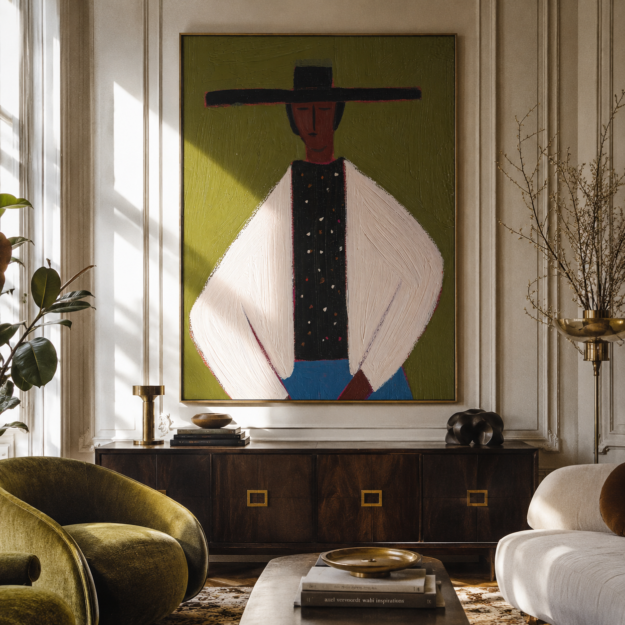 Dotted Vest Holds Olive - minimal hat man painting by Elliot Vale, modern figurative vertical wall art - styled room scene view 5