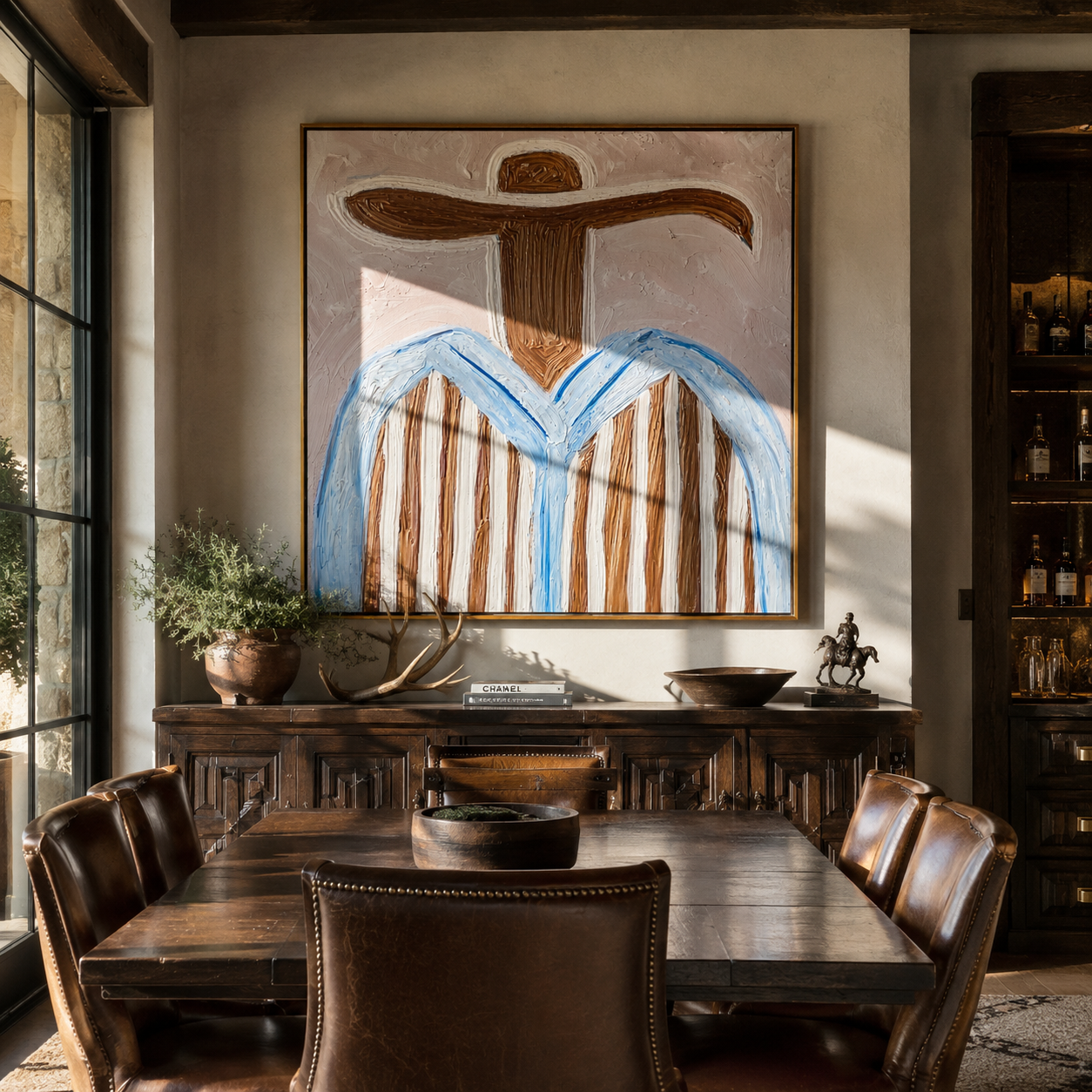 Blue Edges Circle Blush - blue striped sombrero painting by Elliot Vale, modern figurative square wall art - styled room scene view 1