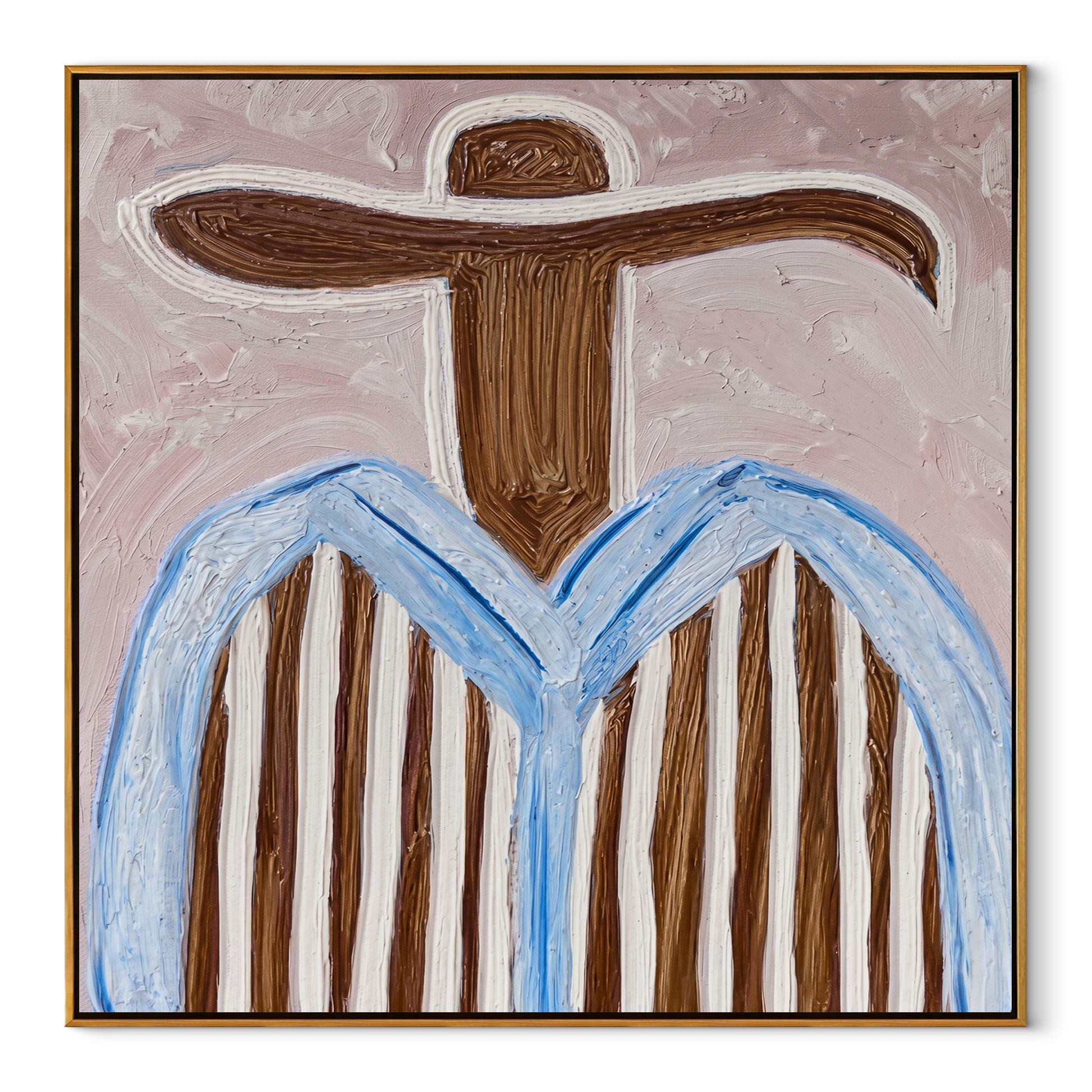 Blue Edges Circle Blush - blue striped sombrero painting by Elliot Vale, modern figurative square wall art - framed artwork on white background