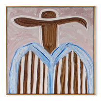 Blue Edges Circle Blush - blue striped sombrero painting by Elliot Vale, modern figurative square wall art - framed artwork on white background