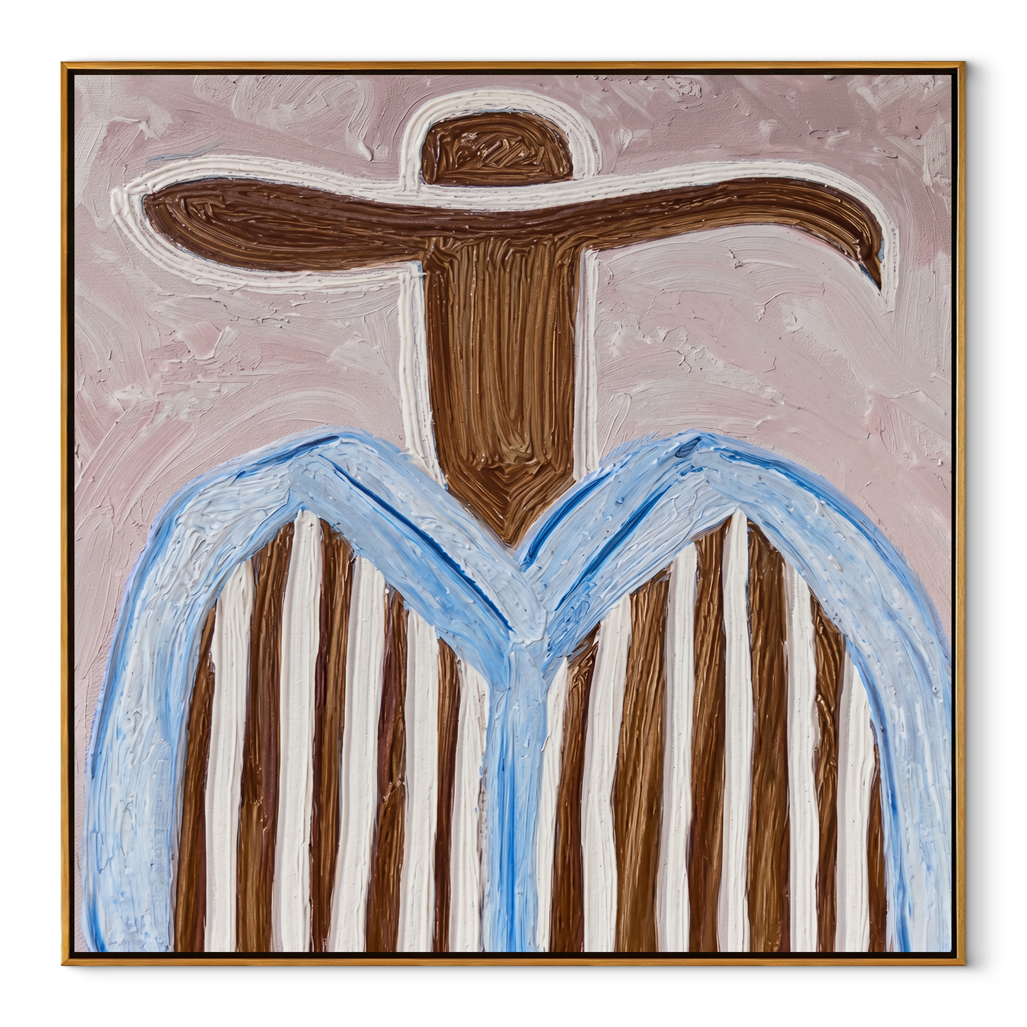 Blue Edges Circle Blush - blue striped sombrero painting by Elliot Vale, modern figurative square wall art - framed artwork on white background
