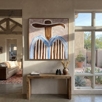Blue Edges Circle Blush - blue striped sombrero painting by Elliot Vale, modern figurative square wall art - styled room scene view 2
