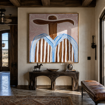 Blue Edges Circle Blush - blue striped sombrero painting by Elliot Vale, modern figurative square wall art - styled room scene view 4