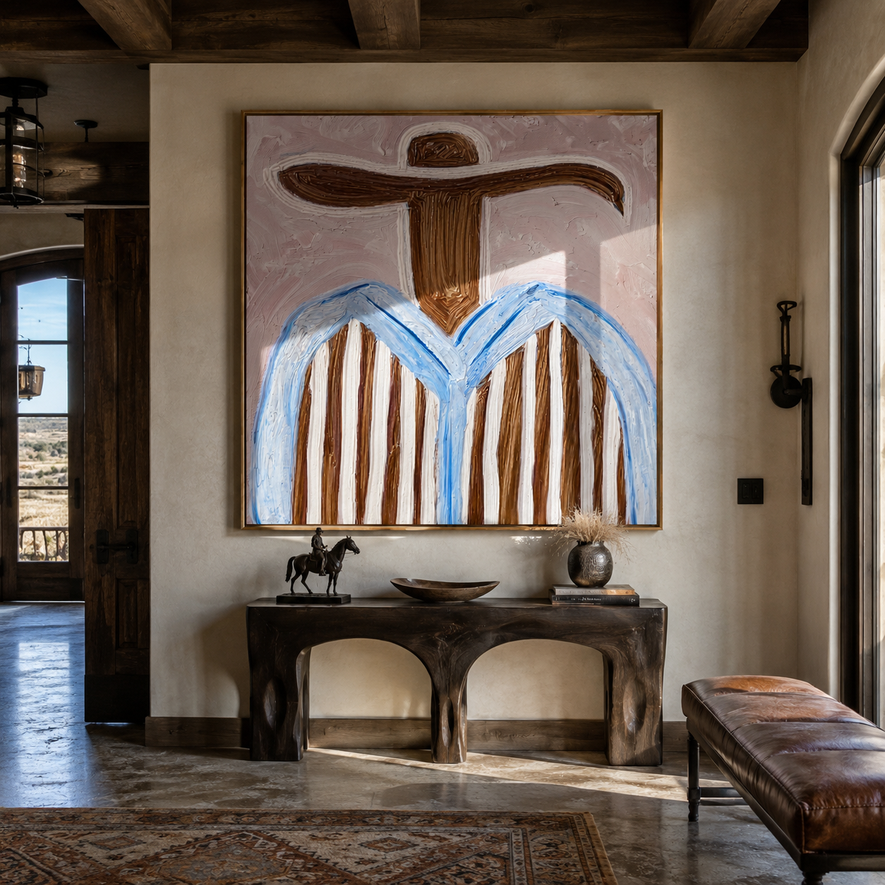 Blue Edges Circle Blush - blue striped sombrero painting by Elliot Vale, modern figurative square wall art - styled room scene view 4