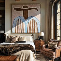 Blue Edges Circle Blush - blue striped sombrero painting by Elliot Vale, modern figurative square wall art - styled room scene view 5