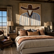 Brown Brim Meets Sky - blue striped hat figure painting by Elliot Vale, modern figurative square wall art - styled room scene view 1