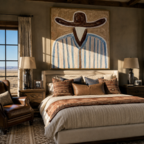 Brown Brim Meets Sky - blue striped hat figure painting by Elliot Vale, modern figurative square wall art - styled room scene view 1