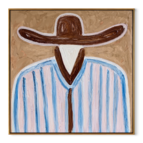 Brown Brim Meets Sky - blue striped hat figure painting by Elliot Vale, modern figurative square wall art - framed artwork on white background