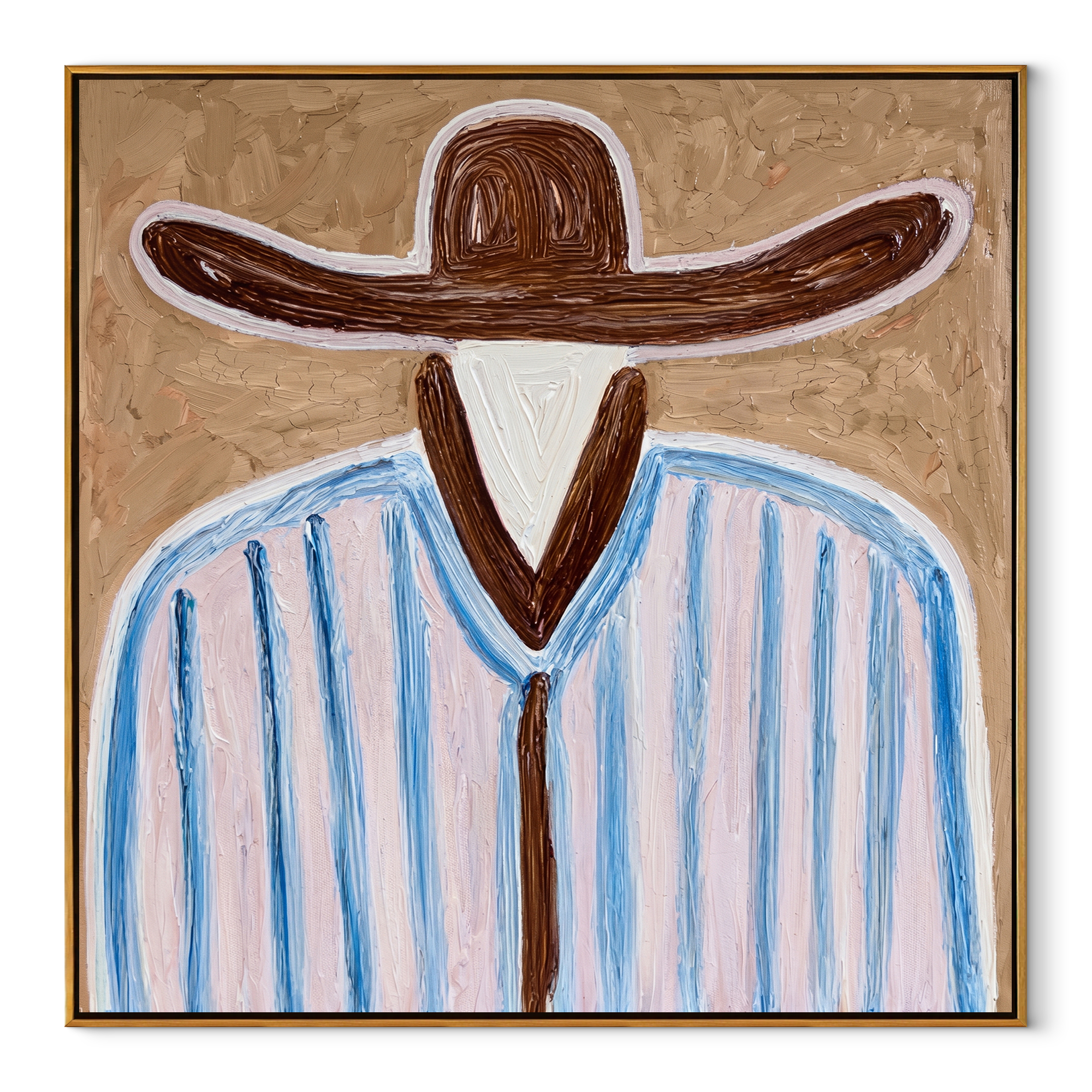 Brown Brim Meets Sky - blue striped hat figure painting by Elliot Vale, modern figurative square wall art - framed artwork on white background