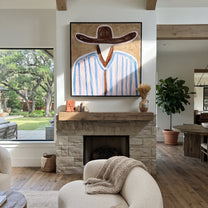 Brown Brim Meets Sky - blue striped hat figure painting by Elliot Vale, modern figurative square wall art - styled room scene view 2