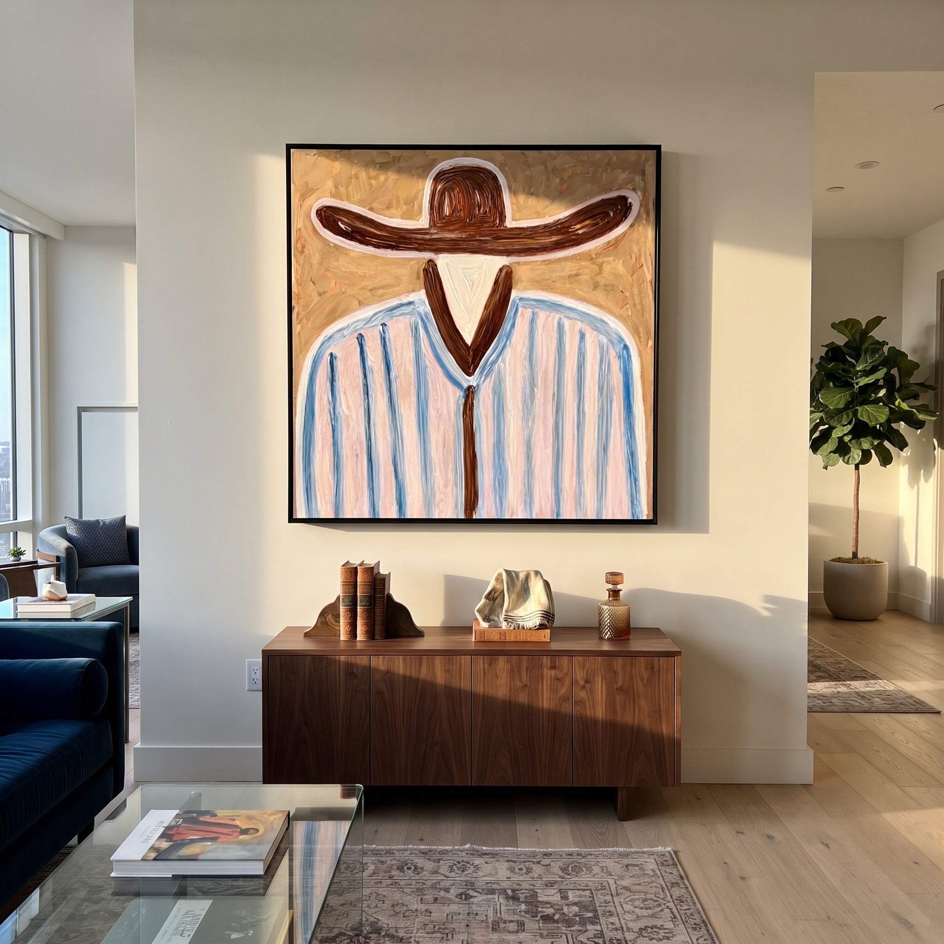 Brown Brim Meets Sky - blue striped hat figure painting by Elliot Vale, modern figurative square wall art - styled room scene view 3