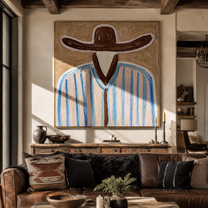 Brown Brim Meets Sky - blue striped hat figure painting by Elliot Vale, modern figurative square wall art - styled room scene view 4