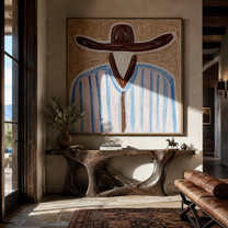 Brown Brim Meets Sky - blue striped hat figure painting by Elliot Vale, modern figurative square wall art - styled room scene view 5