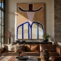 Dark Wings Shade Pink - blue striped western figure painting by Elliot Vale, modern figurative vertical wall art - styled room scene view 1