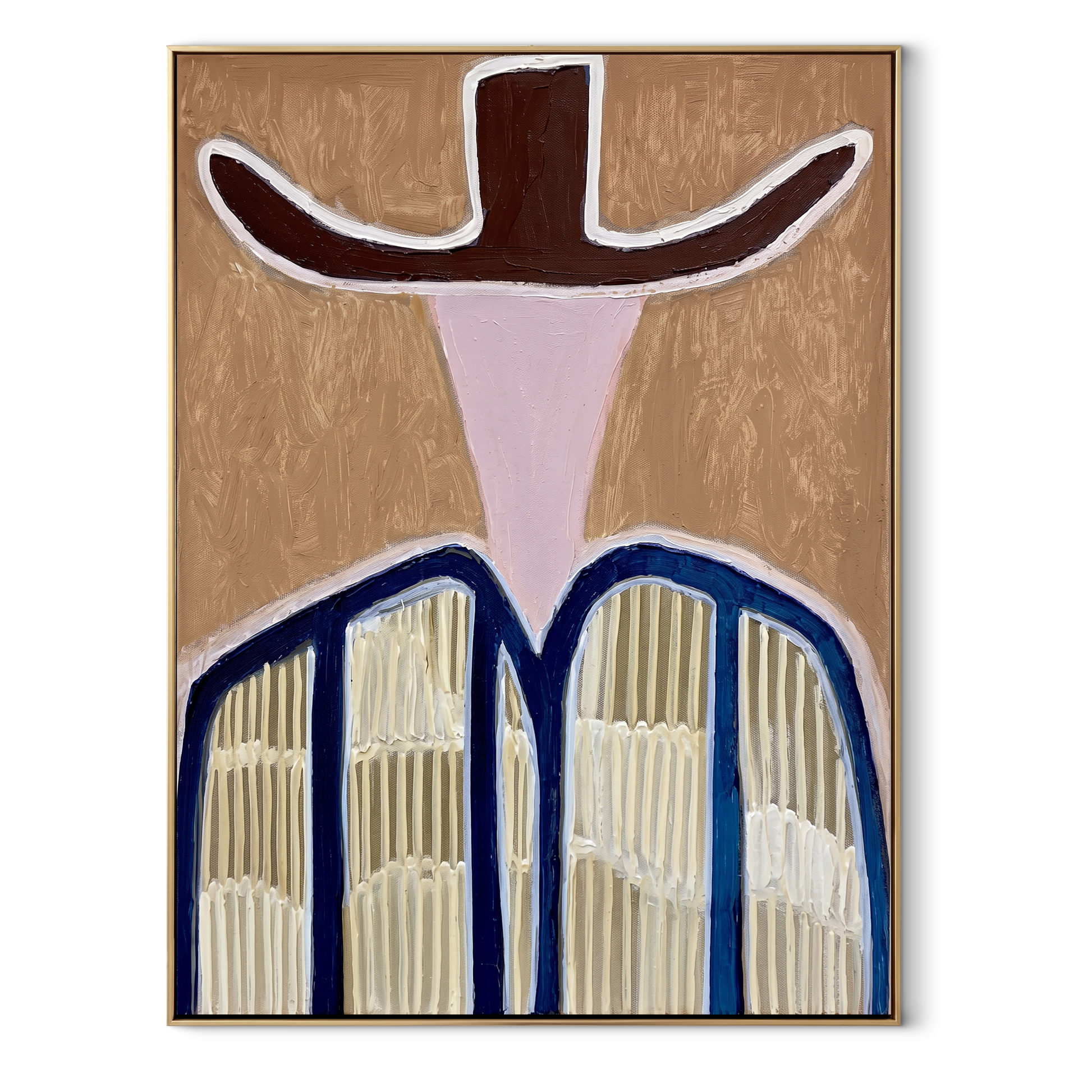 Dark Wings Shade Pink - blue striped western figure painting by Elliot Vale, modern figurative vertical wall art - framed artwork on white background
