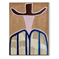 Dark Wings Shade Pink - blue striped western figure painting by Elliot Vale, modern figurative vertical wall art - framed artwork on white background
