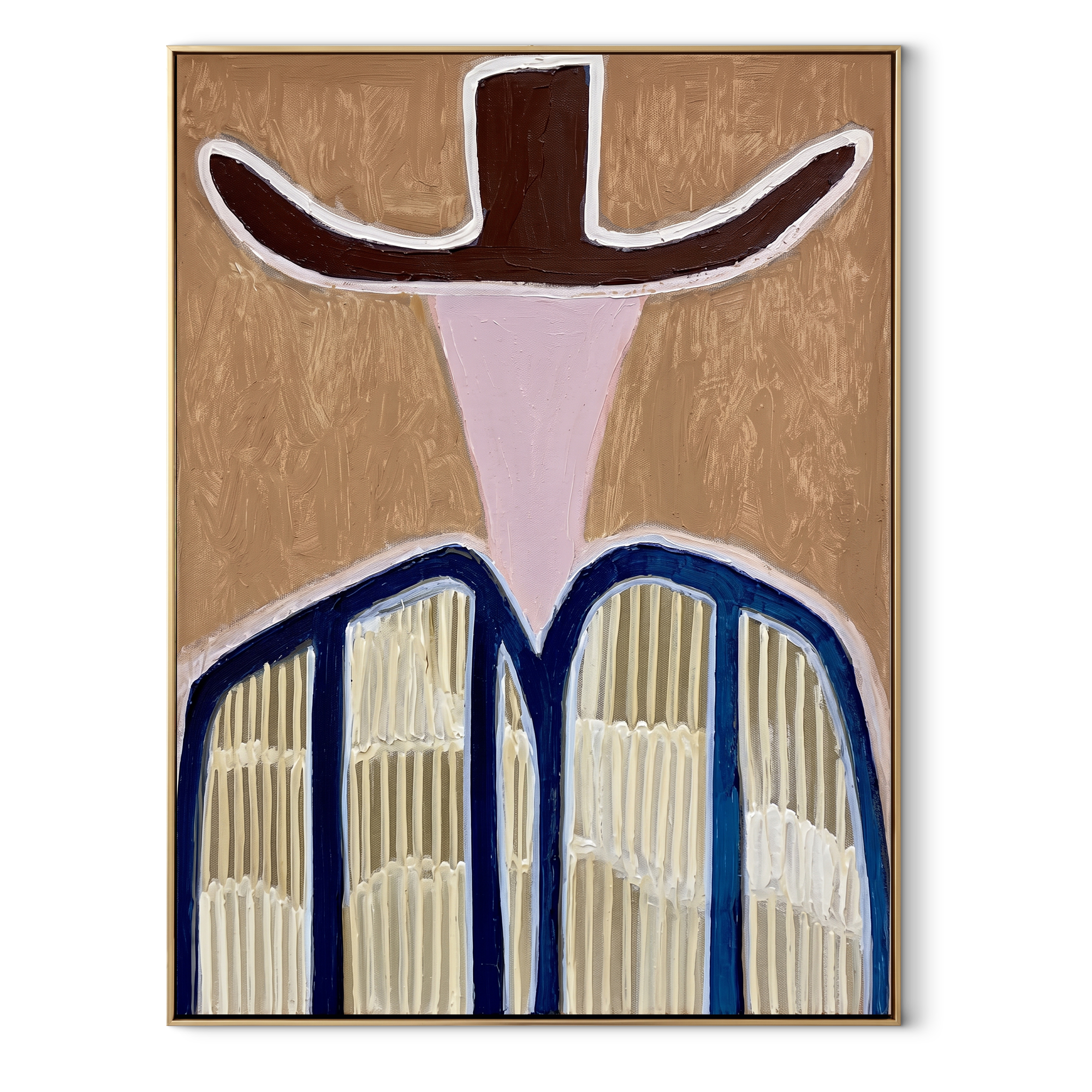 Dark Wings Shade Pink - blue striped western figure painting by Elliot Vale, modern figurative vertical wall art - framed artwork on white background