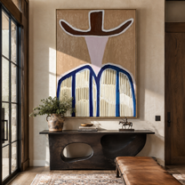 Dark Wings Shade Pink - blue striped western figure painting by Elliot Vale, modern figurative vertical wall art - styled room scene view 2