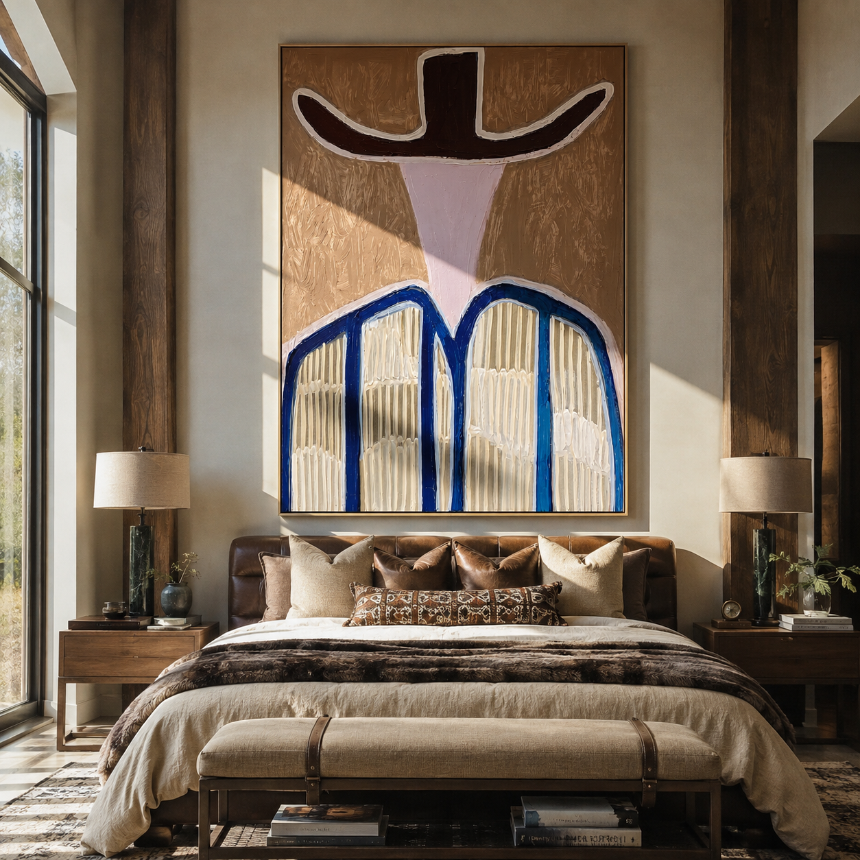 Dark Wings Shade Pink - blue striped western figure painting by Elliot Vale, modern figurative vertical wall art - styled room scene view 3