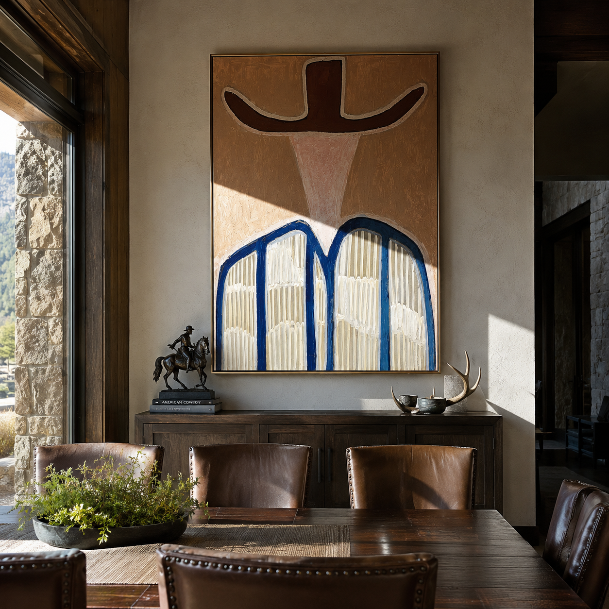 Dark Wings Shade Pink - blue striped western figure painting by Elliot Vale, modern figurative vertical wall art - styled room scene view 4