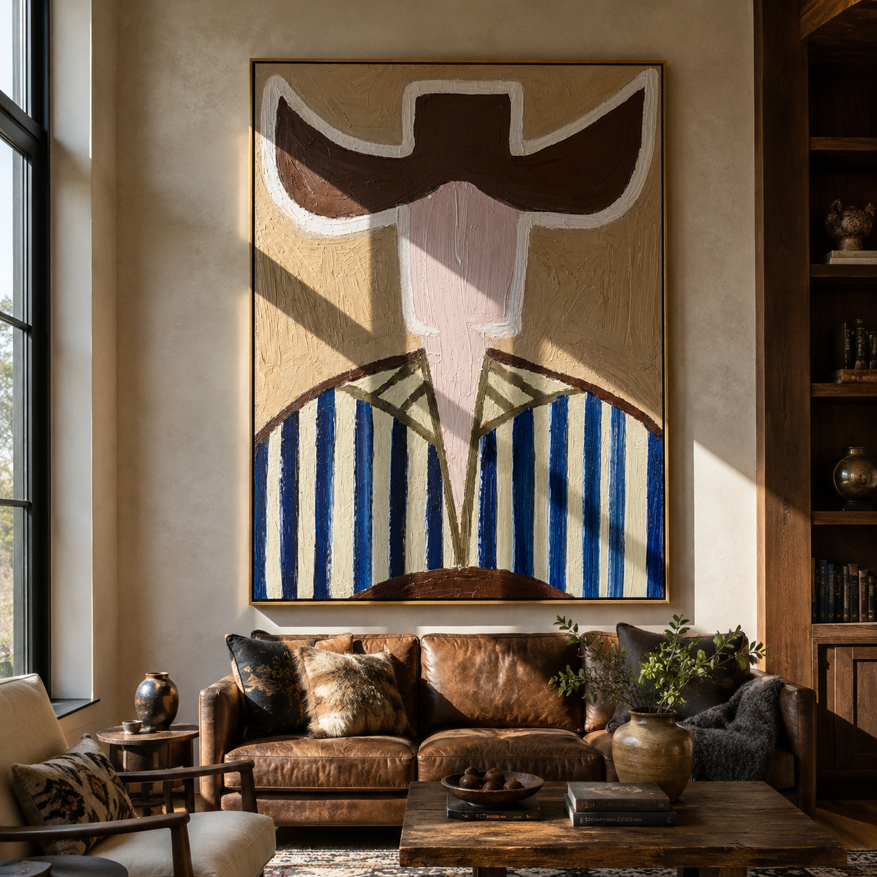 Blue Stripes Carry Green - blue green hat figure painting by Elliot Vale, modern figurative vertical wall art - styled room scene view 1