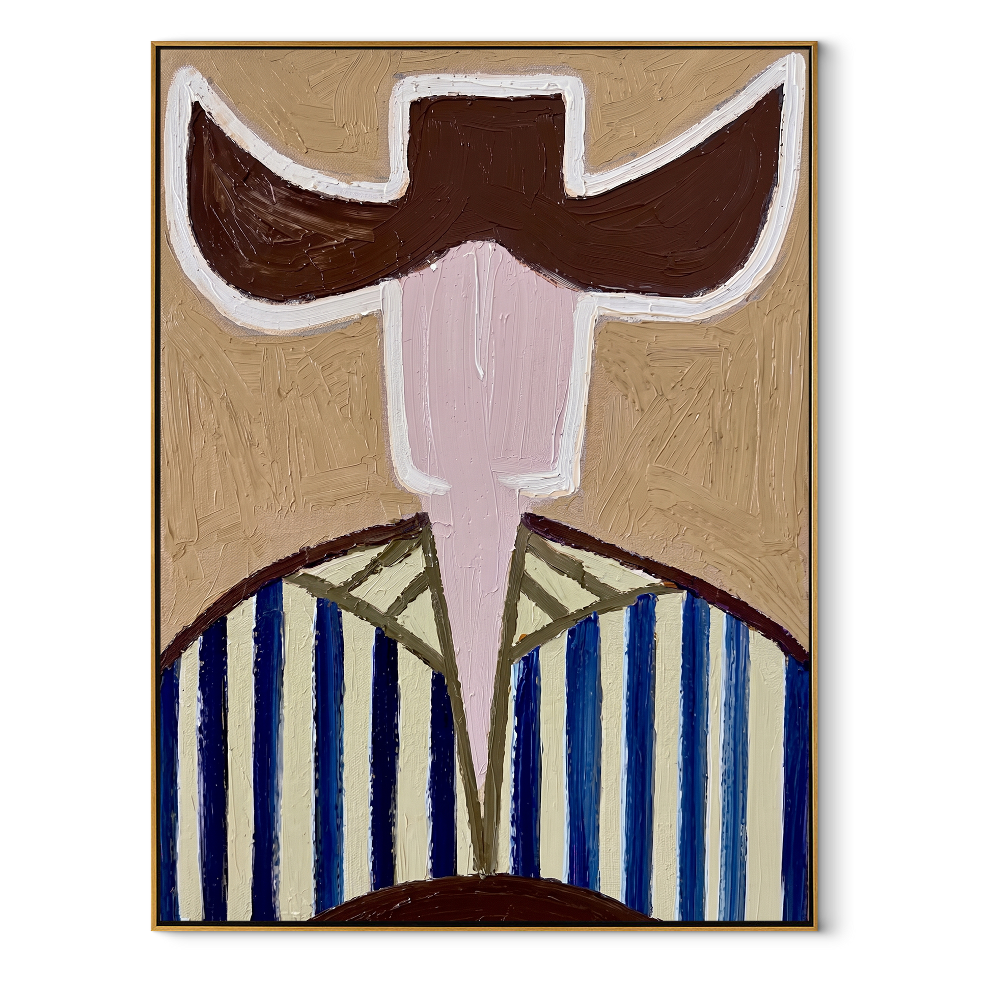Blue Stripes Carry Green - blue green hat figure painting by Elliot Vale, modern figurative vertical wall art - framed artwork on white background