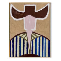 Blue Stripes Carry Green - blue green hat figure painting by Elliot Vale, modern figurative vertical wall art - framed artwork on white background