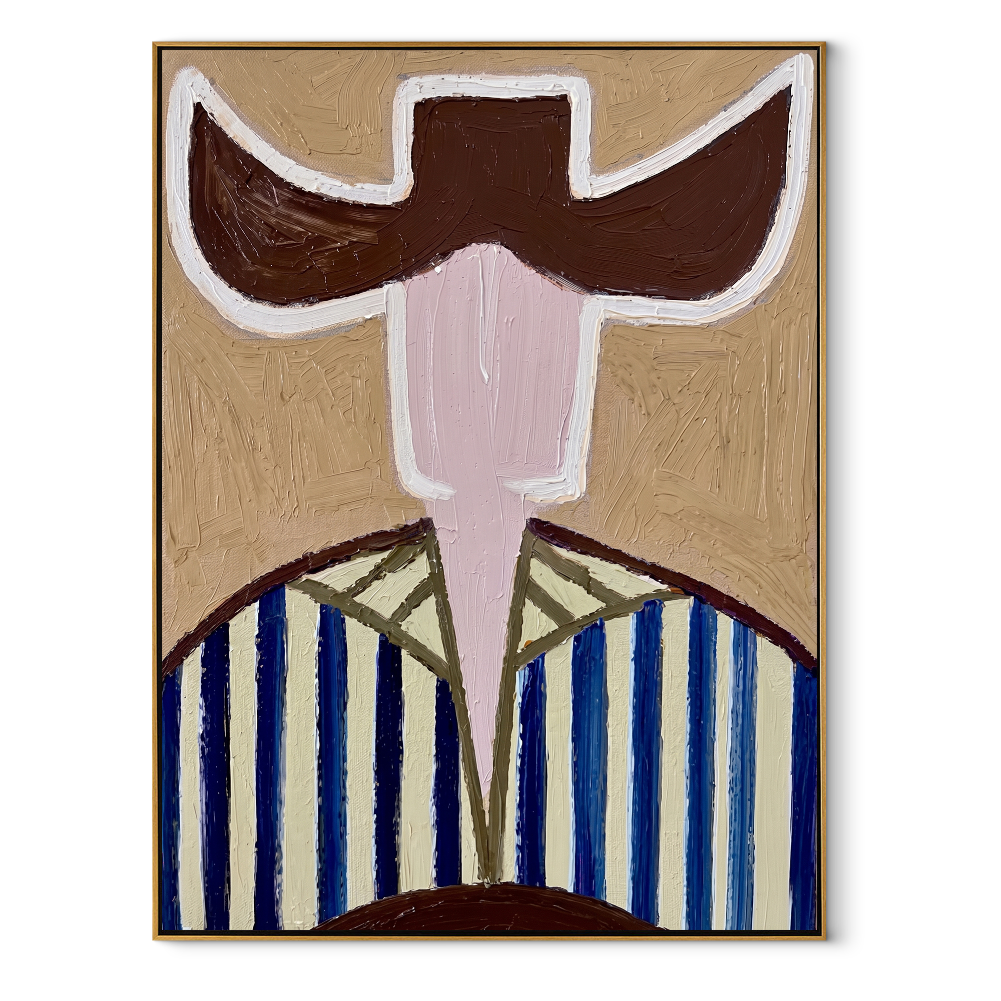 Blue Stripes Carry Green - blue green hat figure painting by Elliot Vale, modern figurative vertical wall art - framed artwork on white background