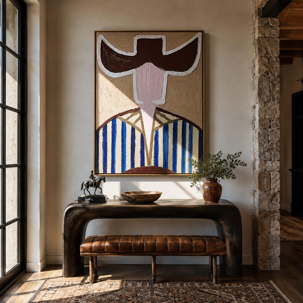 Blue Stripes Carry Green - blue green hat figure painting by Elliot Vale, modern figurative vertical wall art - styled room scene view 2