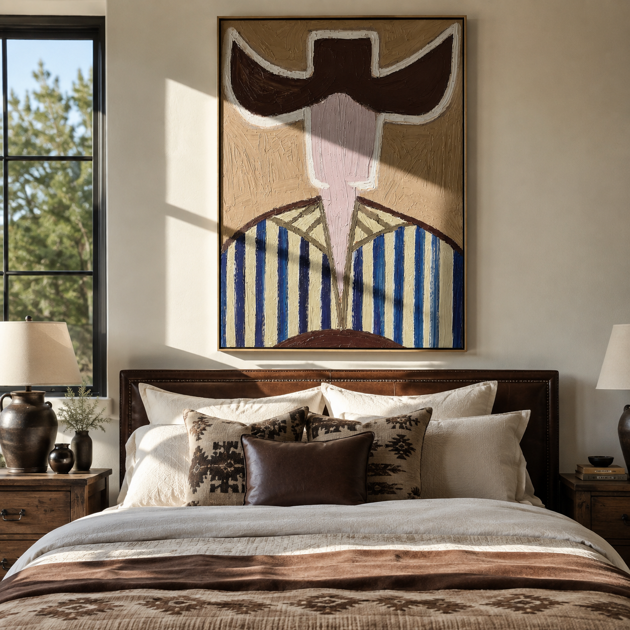 Blue Stripes Carry Green - blue green hat figure painting by Elliot Vale, modern figurative vertical wall art - styled room scene view 3