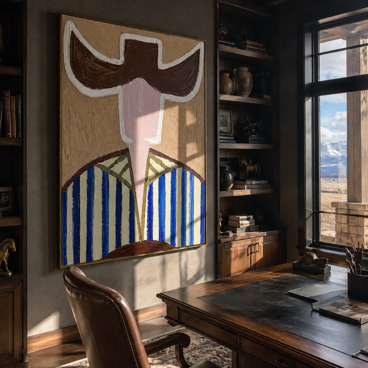 Blue Stripes Carry Green - blue green hat figure painting by Elliot Vale, modern figurative vertical wall art - styled room scene view 4
