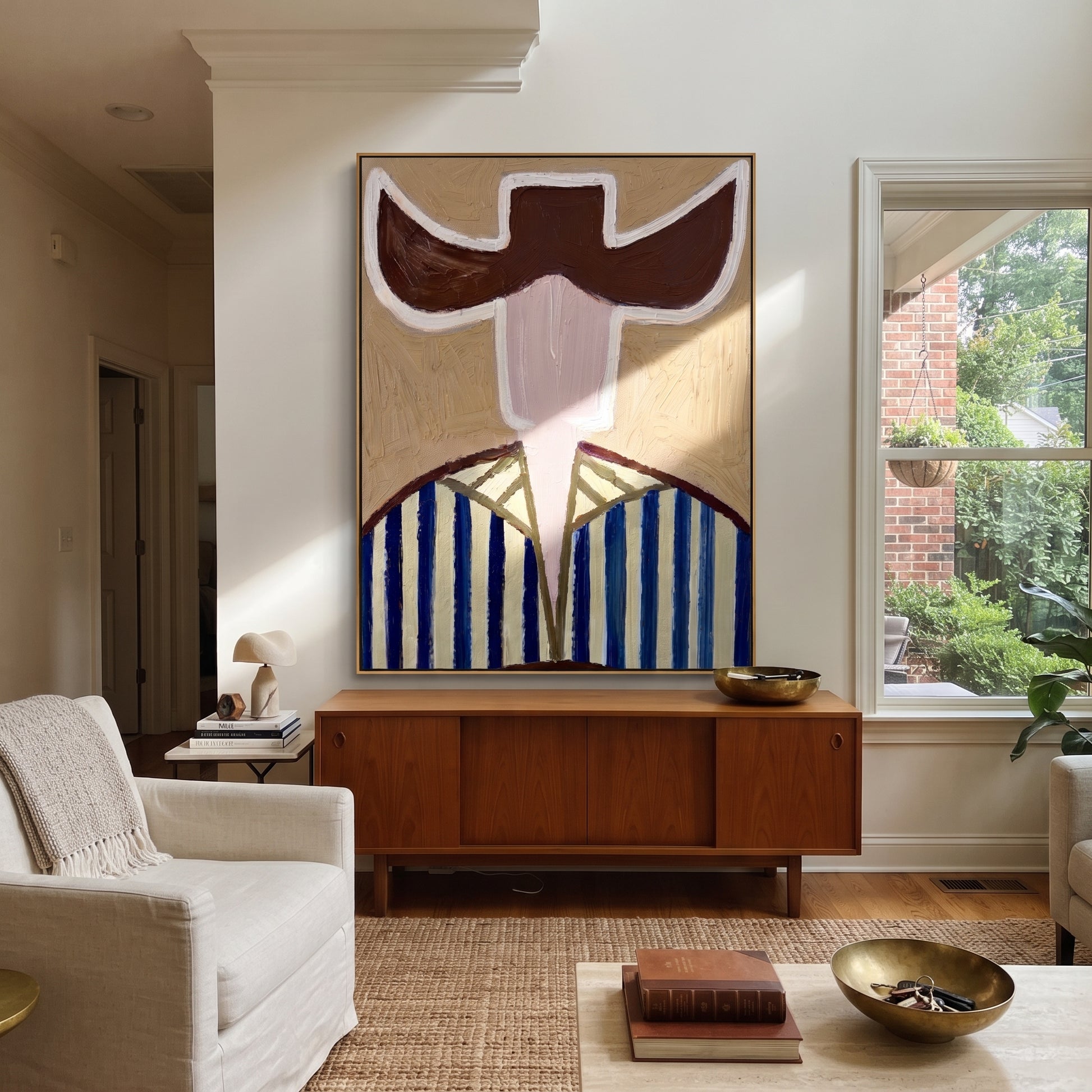 Blue Stripes Carry Green - blue green hat figure painting by Elliot Vale, modern figurative vertical wall art - styled room scene view 5