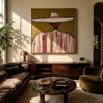 Pale Brim Rings Rose - pastel striped sombrero painting by Elliot Vale, modern figurative square wall art - styled room scene view 1