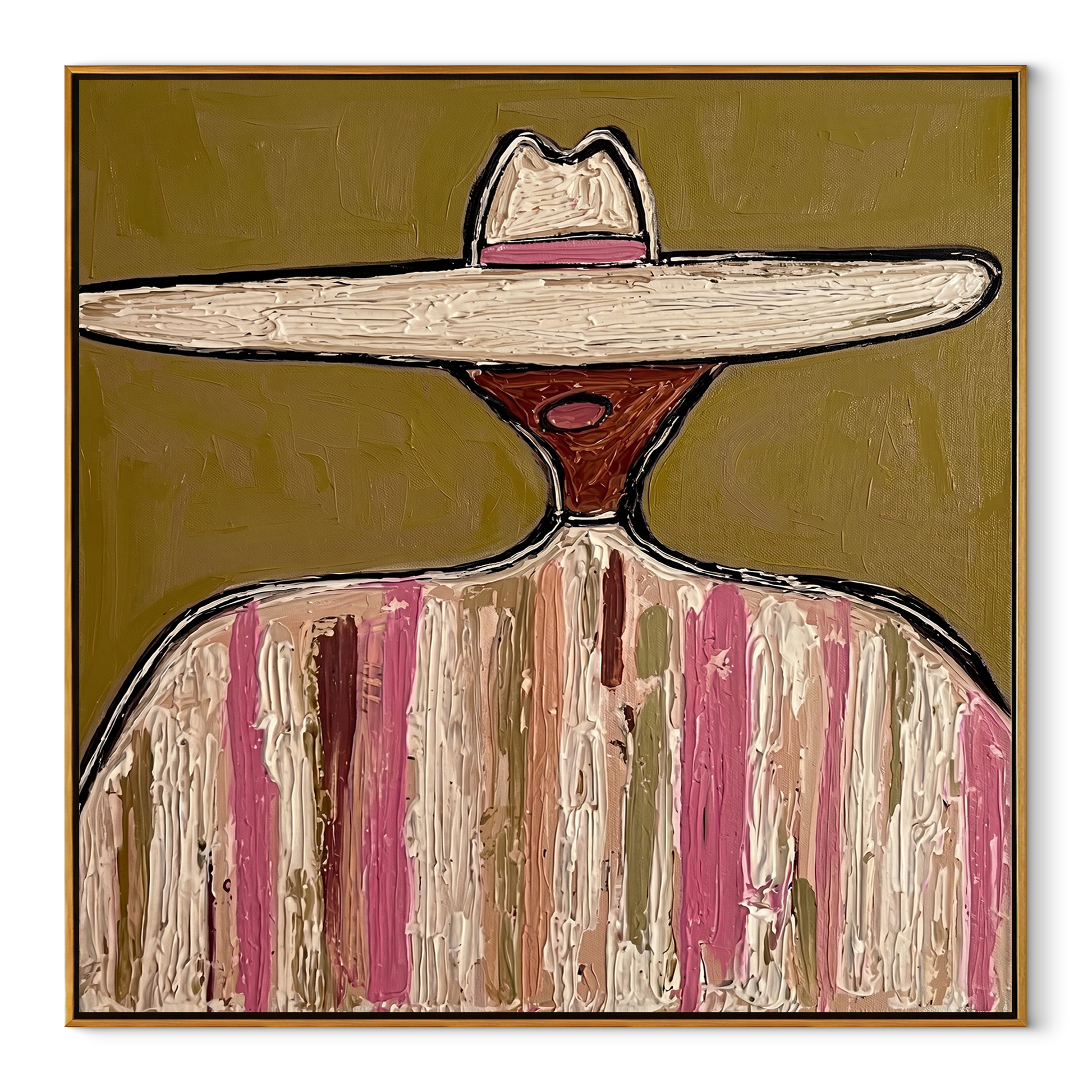 Pale Brim Rings Rose - pastel striped sombrero painting by Elliot Vale, modern figurative square wall art - framed artwork on white background