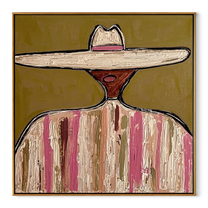 Pale Brim Rings Rose - pastel striped sombrero painting by Elliot Vale, modern figurative square wall art - framed artwork on white background