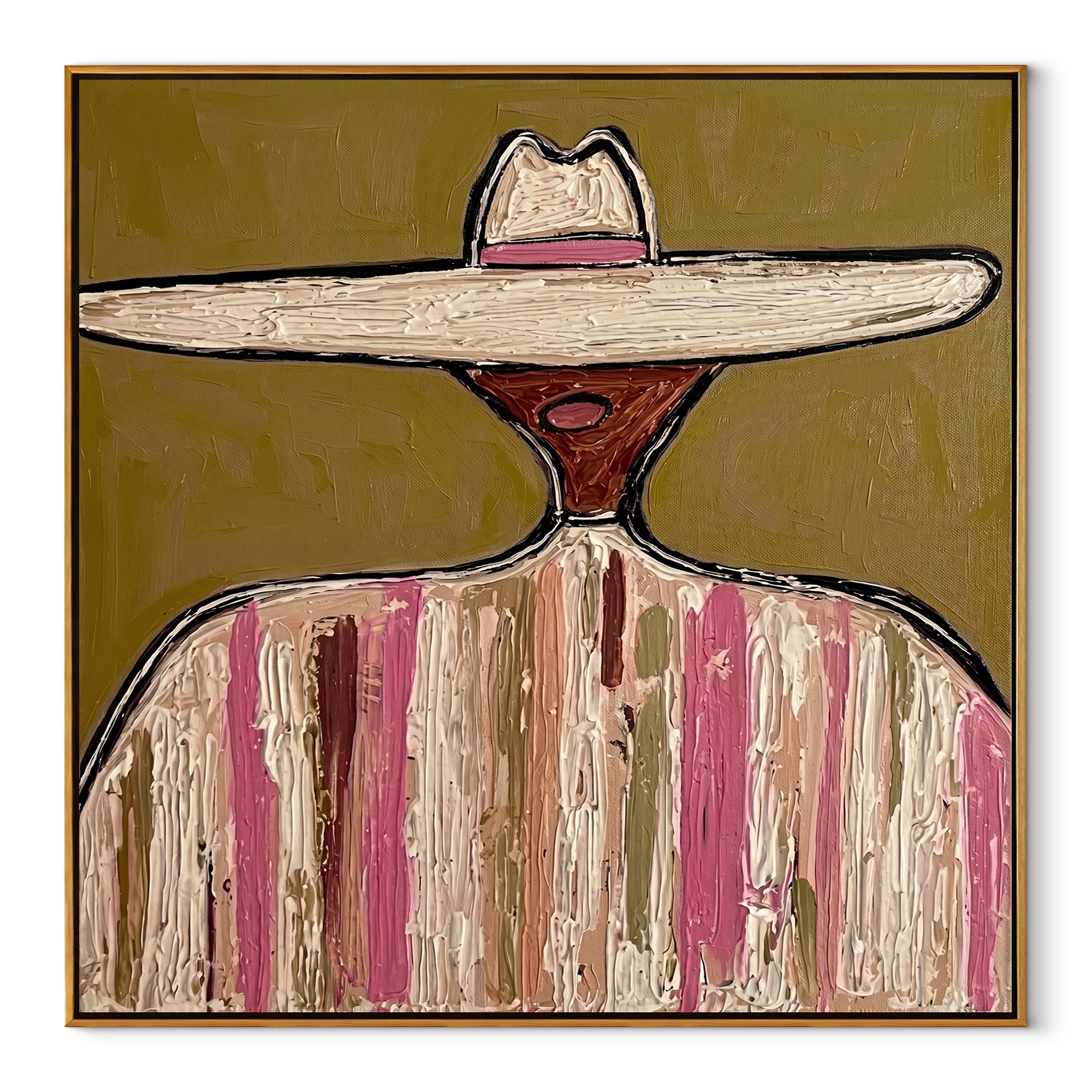 Pale Brim Rings Rose - pastel striped sombrero painting by Elliot Vale, modern figurative square wall art - framed artwork on white background