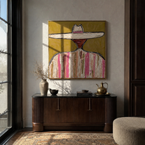 Pale Brim Rings Rose - pastel striped sombrero painting by Elliot Vale, modern figurative square wall art - styled room scene view 2