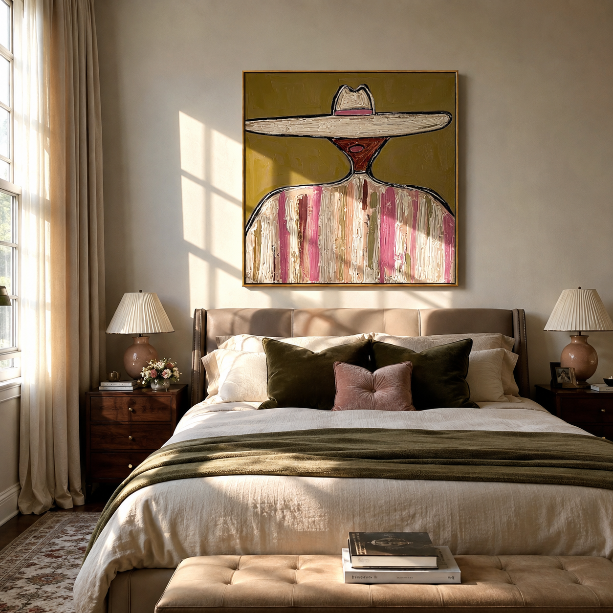 Pale Brim Rings Rose - pastel striped sombrero painting by Elliot Vale, modern figurative square wall art - styled room scene view 3