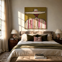 Pale Brim Rings Rose - pastel striped sombrero painting by Elliot Vale, modern figurative square wall art - styled room scene view 3
