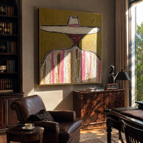 Pale Brim Rings Rose - pastel striped sombrero painting by Elliot Vale, modern figurative square wall art - styled room scene view 4