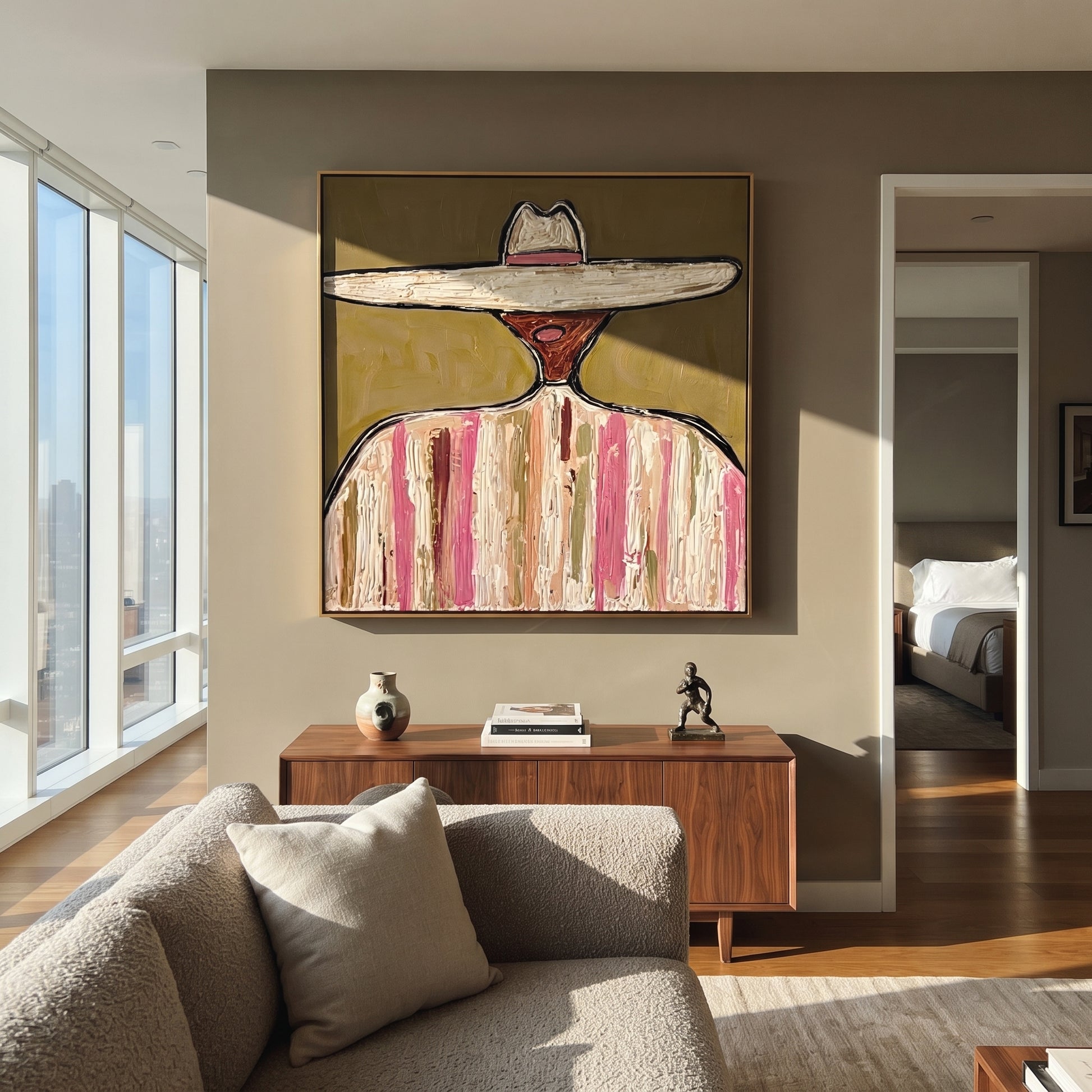 Pale Brim Rings Rose - pastel striped sombrero painting by Elliot Vale, modern figurative square wall art - styled room scene view 5